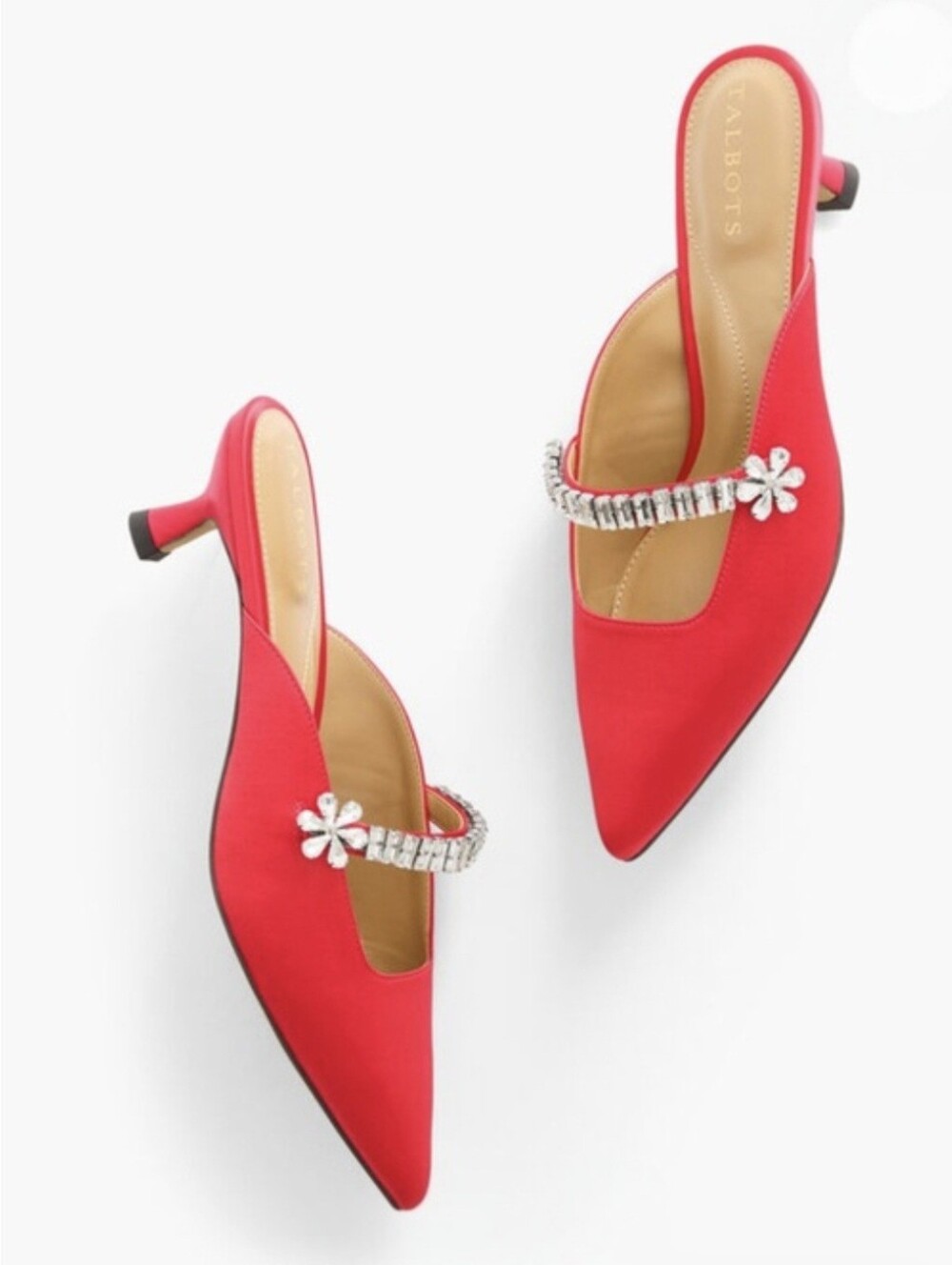 Talbots Sylvie Mary Jane Satin Embellished Crystal Straps Kitten Mules Heels, 8